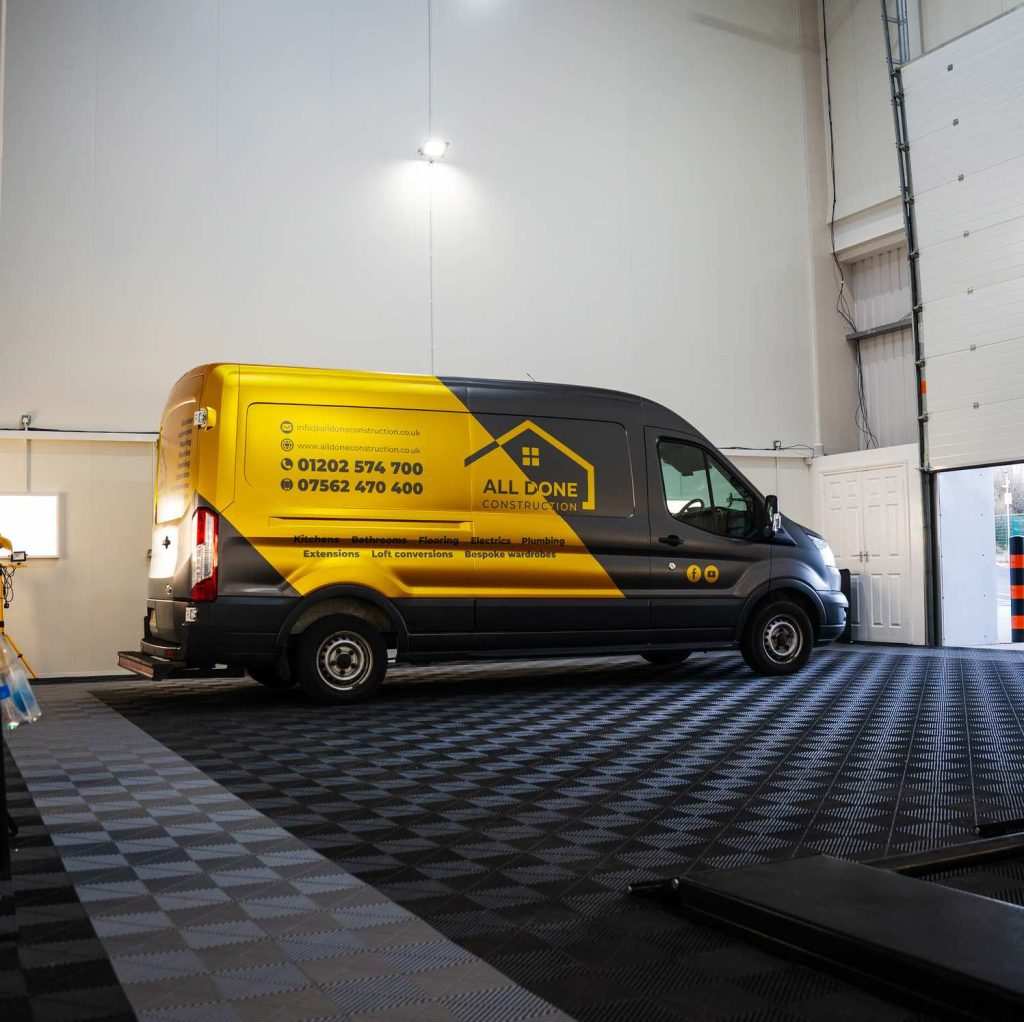 Ford transit parked in a garage