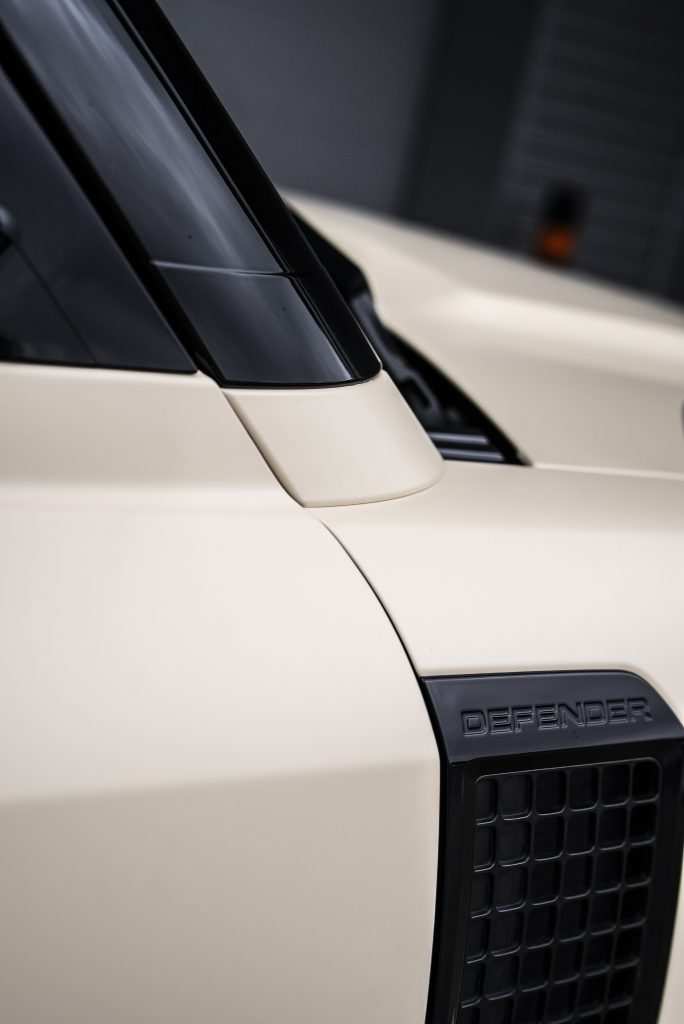 Close-up of Defender 90 custom wrap finish