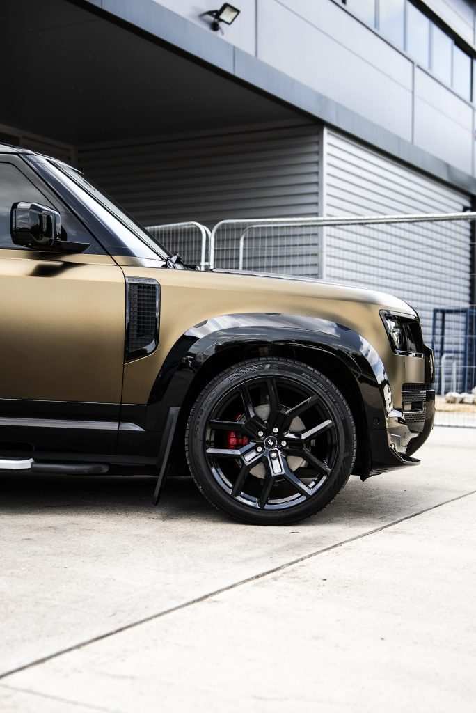Urban Bodykit detail on Defender 110 in matte gold